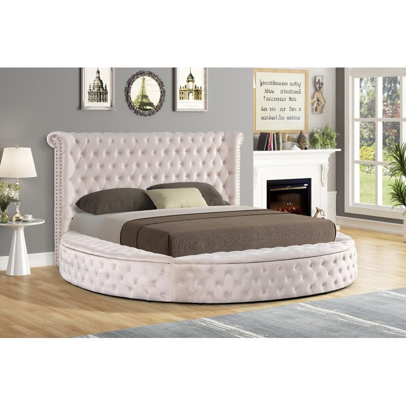 Ivory Velvet Tufted Upholstered King Round Platform Storage Bed