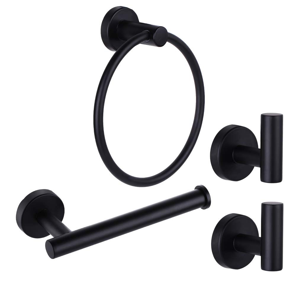 4 Piece Matte Black Stainless Steel Bathroom Hardware Set Include Hand Towel Ring, Toilet Paper Holder,and 2 Robe Towel Hooks,Bathroom Accessories Kit