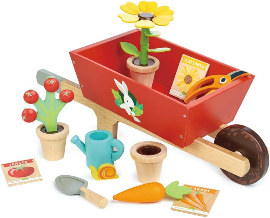 Deluxe Wooden Garden Wheelbarrow Set with Colorful Accessories