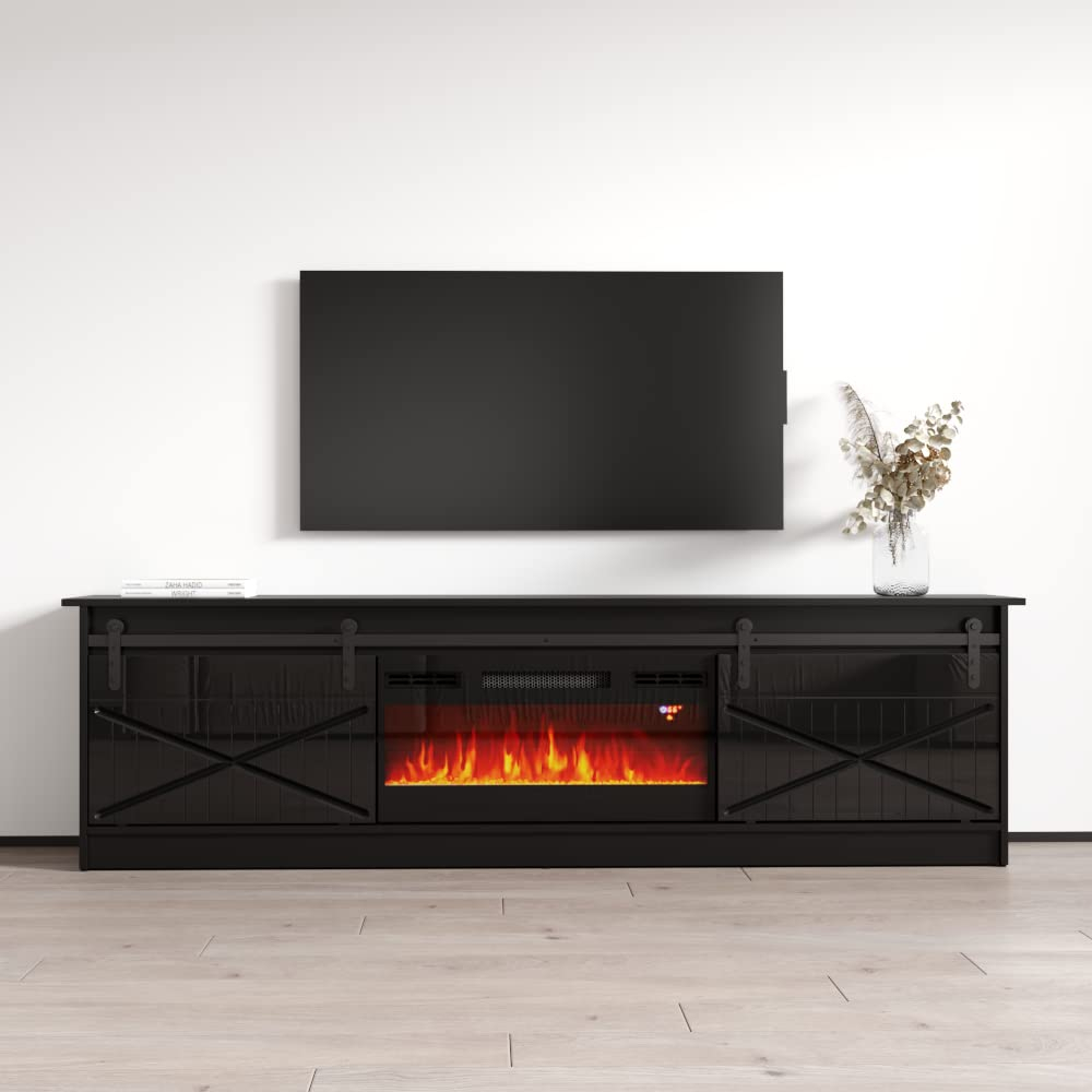 Granero BL-EF Fireplace TV Stand for TVs up to 90", Modern High Gloss 79" Entertainment Center, Electric Fireplace TV Media Console with Storage Cabinets
