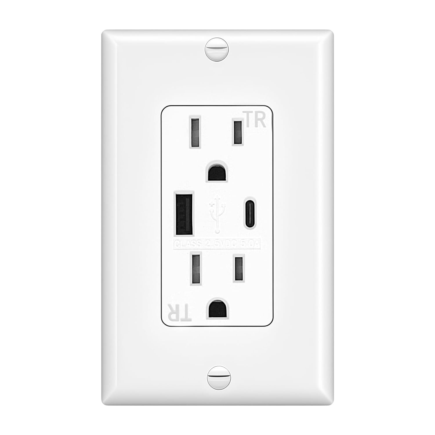 USB Outlet Receptacle, Tamper-Resistant Outlet with USB C & USB A Wall Charger Outlet, 5.0A Electrical USB Outlet, UL & CUL Listed, Wall Plate Included, White
