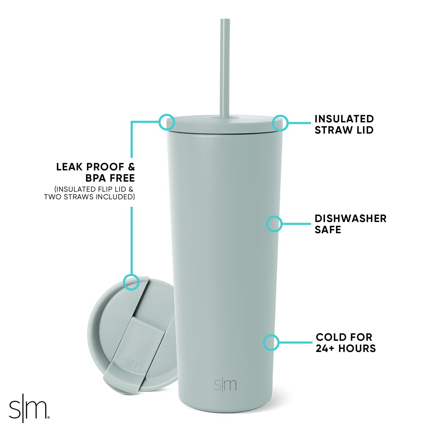 Simple Modern Insulated Tumbler with Lid and Straw | Iced Coffee Cup Reusable Stainless Steel Water Bottle Travel Mug | Gifts for Women Men Her Him | Classic Collection | 24oz | Sea Glass Sage