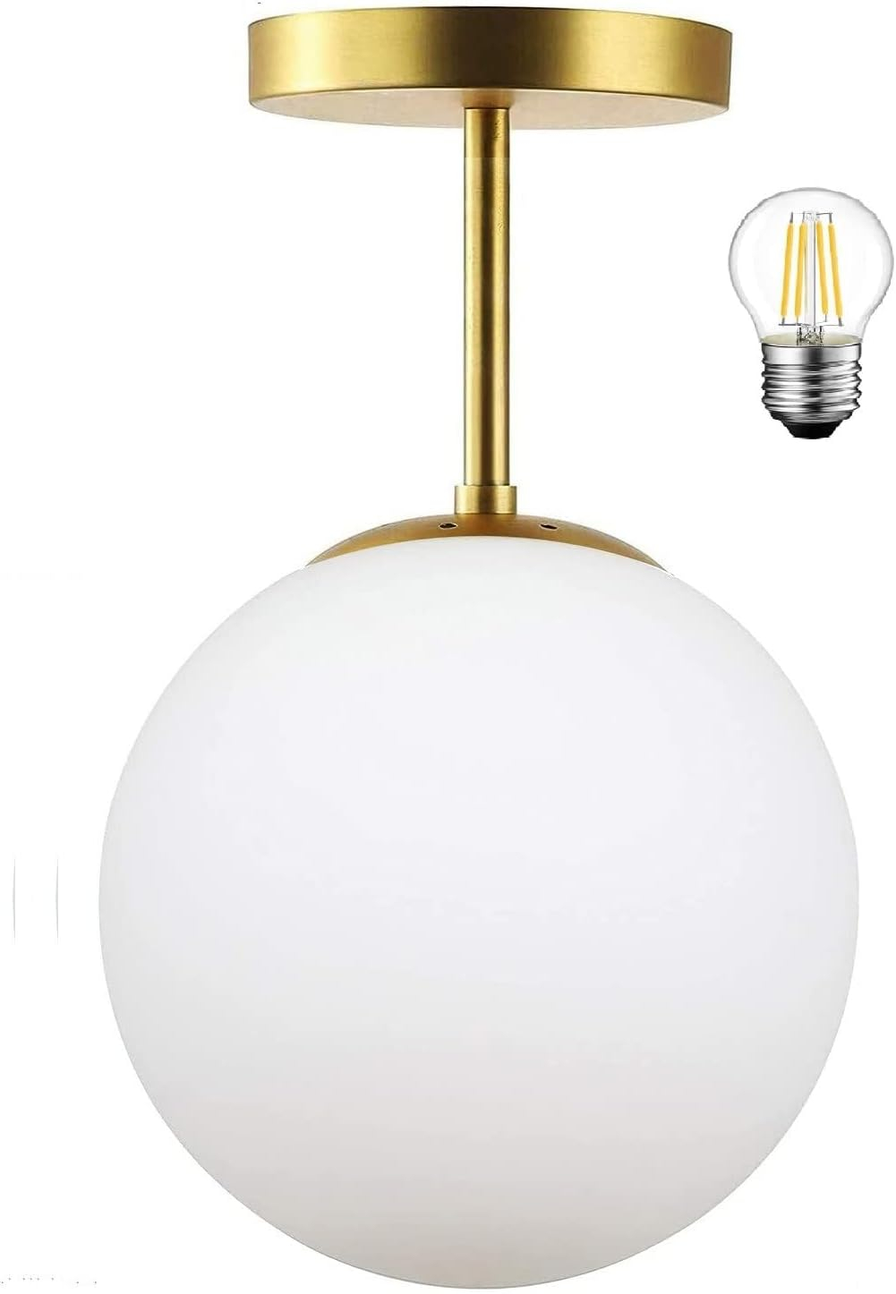 Mid Century Modern Globe Semi Flush Mount Ceiling Light Fixture Frosted Glass with Gold Brass Finish,1-Light Sphere Glass Pendant Lights for Aisle Porch Stairway Closet Kitchen Laundry Room(Bulb Incl)