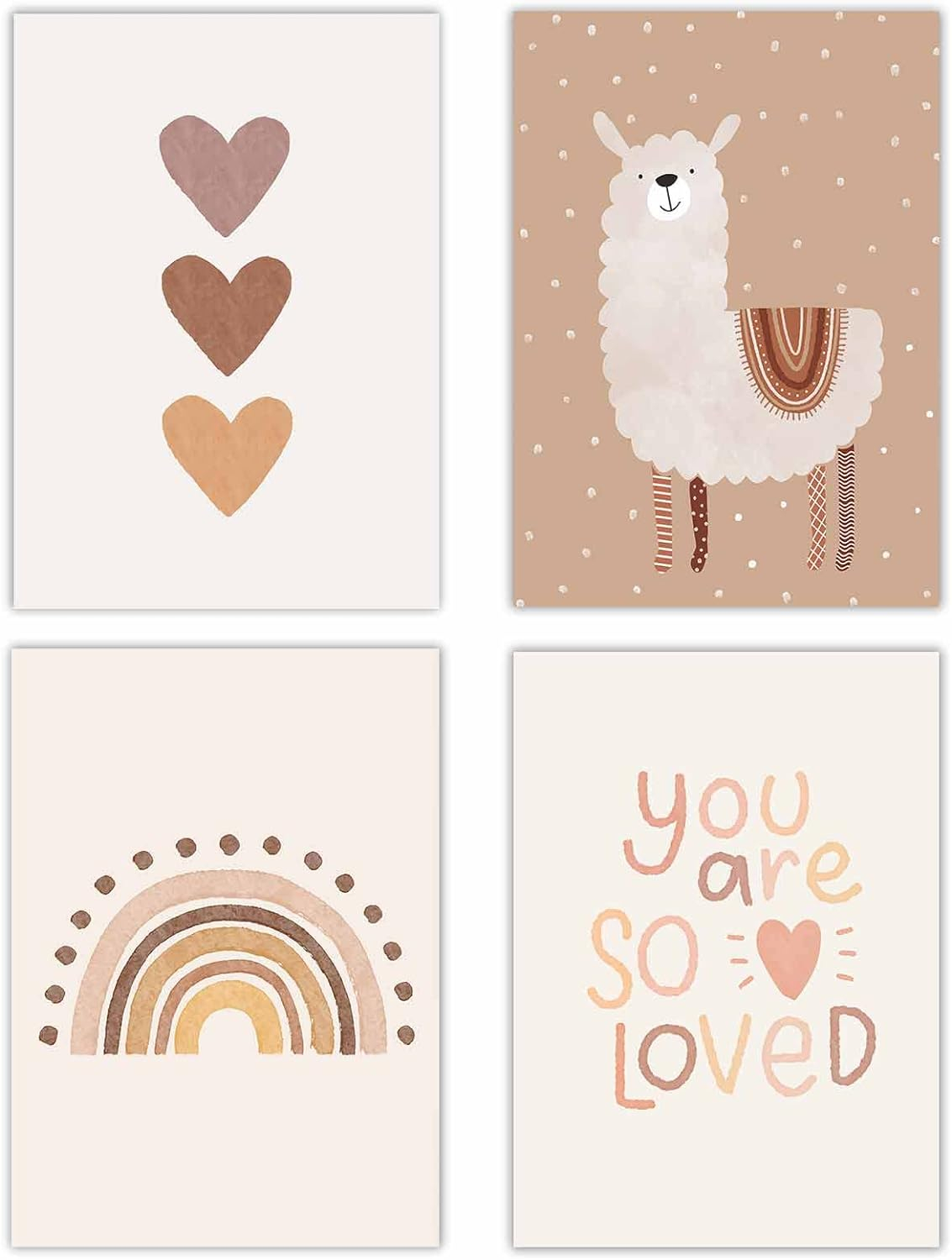Canssape Boho Nursery Decor Set of 4 (Unframed) 8in x 10in Canvas Wall Art Lovely Alpaca Safari Decorations for Baby Room Nursery Wall Decor with Rainbow and Cactus Creative Alphabet Chat (Love)