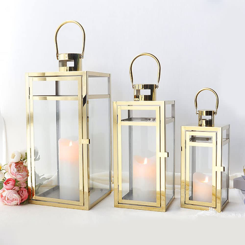 Set of 3 12/15/19 inch Metal Lanterns with Tempered Glass (Gold )