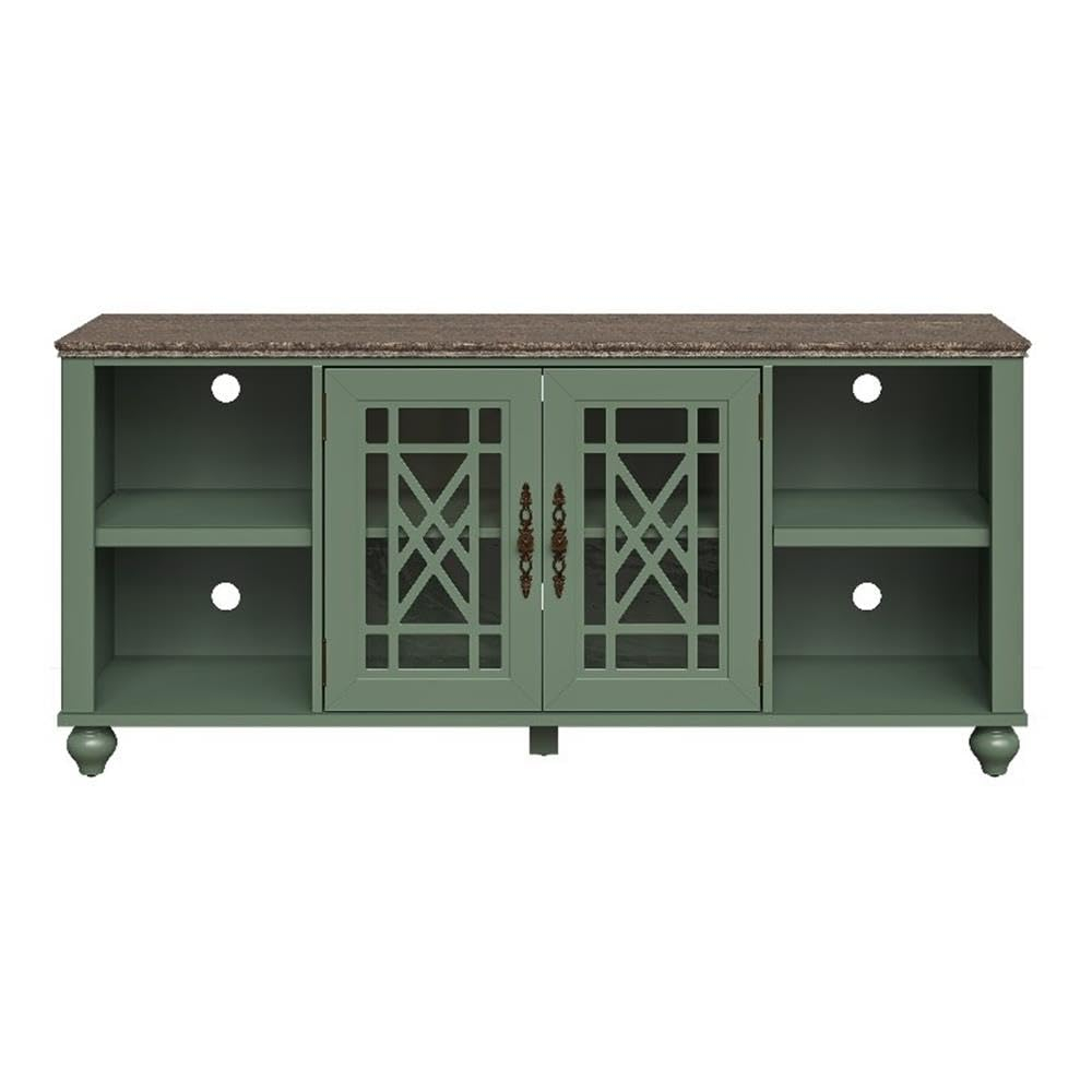 LIVILAND 60" Vintage TV Stand with Carved Doors for TVs Up to 70" - Green