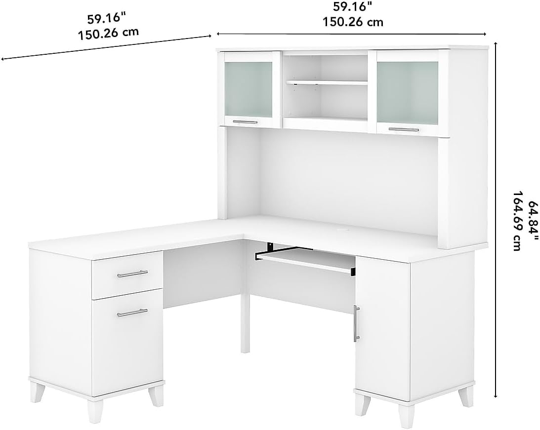 Bush Furniture Somerset 60 in L Desk with Hutch, Keyboard Tray, File and Storage in White