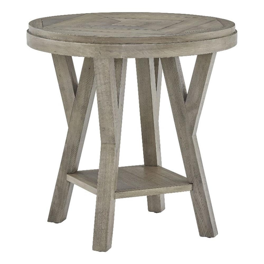 Gray Pine Transitional Round End Table with Planked Top