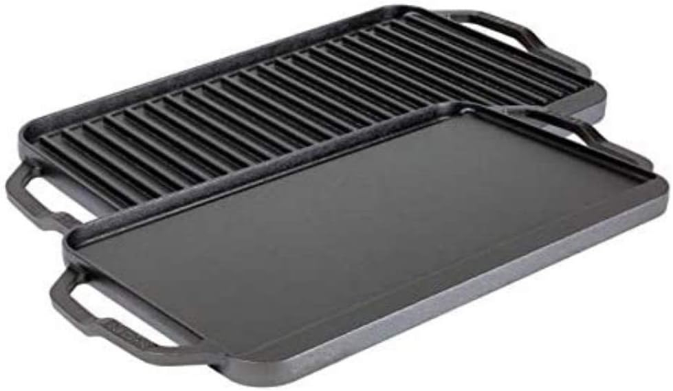 Lodge Chef Collection 20x10 Inch Cast Iron Chef Style Reversible Grill/Griddle. Two-in-One Seasoned Cookware for Stovetop Burners or a Campfire. Made from Quality Materials to Last a Lifetime