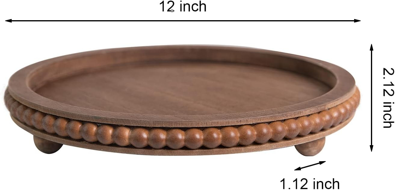 HPC Decor 12in Round Tray for Home Decor- Brown Wood Beaded Tray- Decorative Round Tray for Coffee Table- Farmhouse Tray Centerpiece for Living Room Decor, Kitchen Table Decor