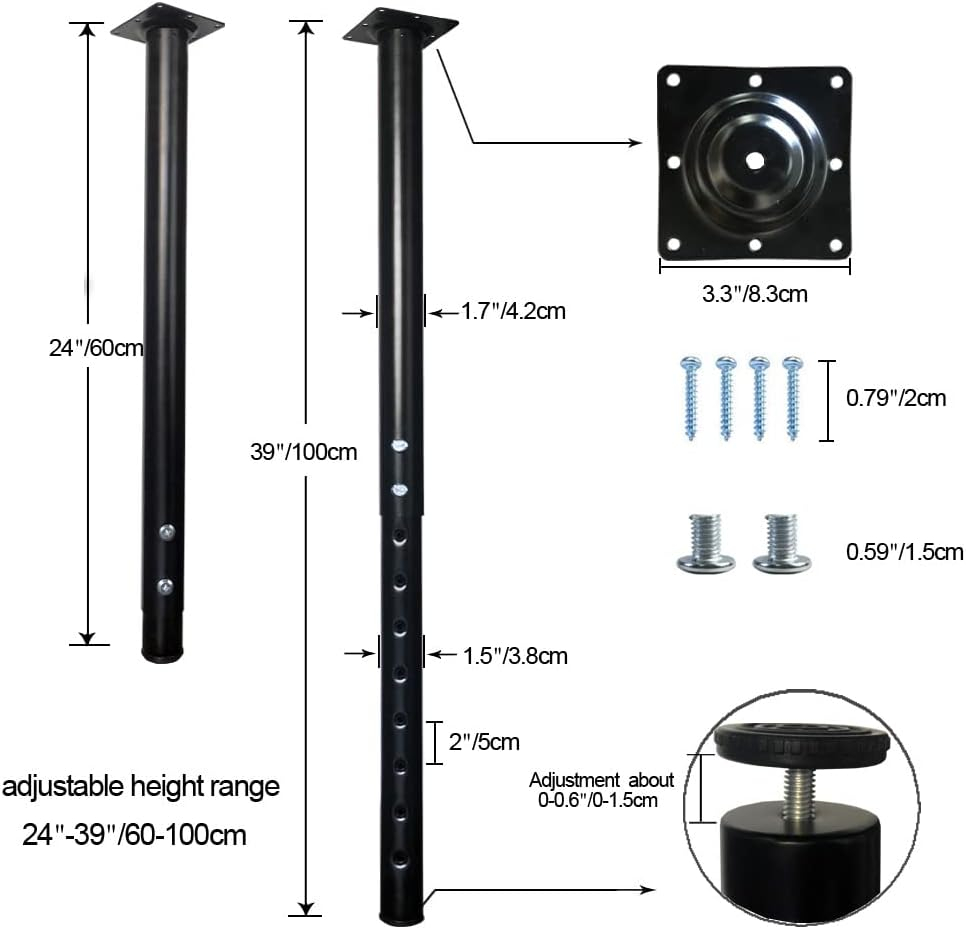 QLLY Adjustable Metal Table Leg, 24-40 inch, 60-100cm, Home Office DIY Desk Leg, Furniture Leg Set (4, Black)