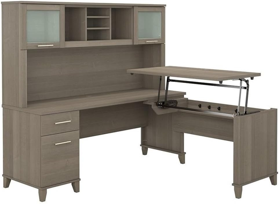 Bush Furniture Somerset 72W Sit to Stand L Desk with Hutch in Hansen Cherry