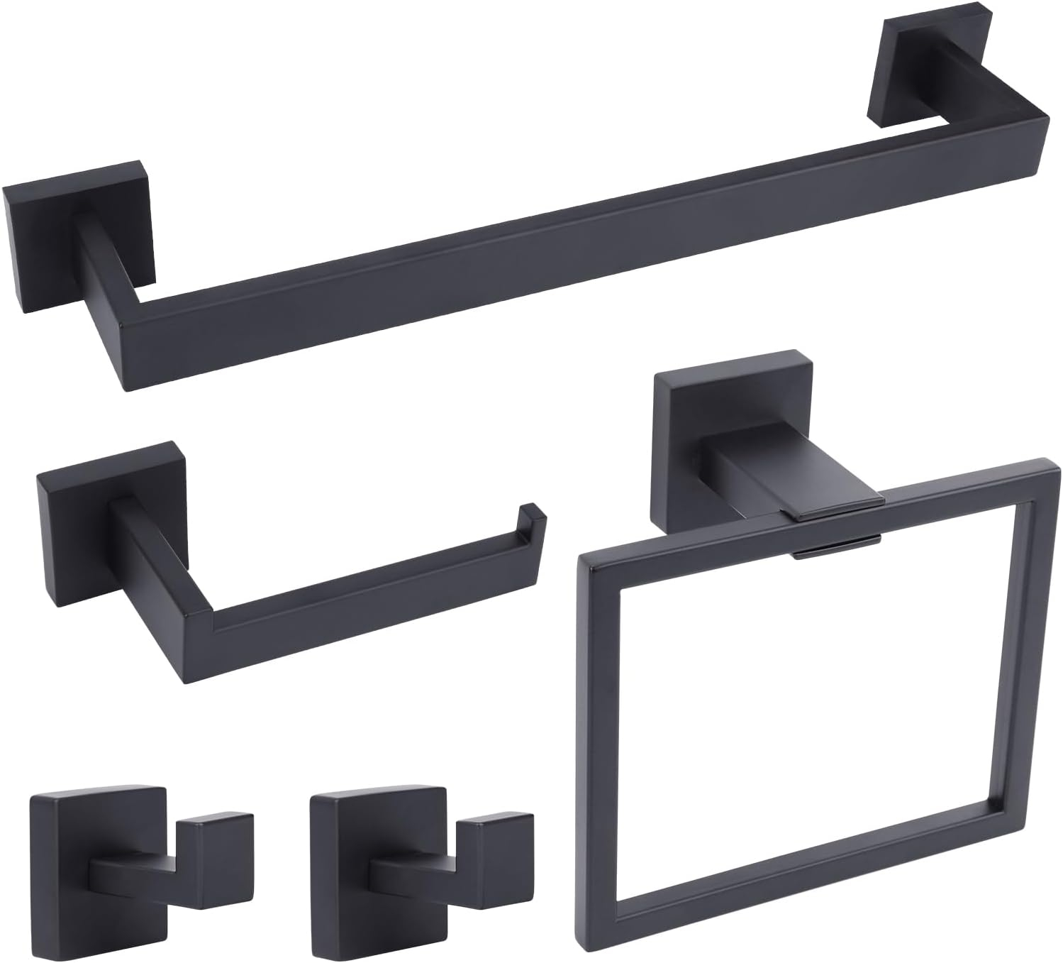 Stainless Steel Matte Black Bathroom Hardware Accessories - 5 Piece Set with 16 inch Square Towel Bar, Towel Rack & Holder