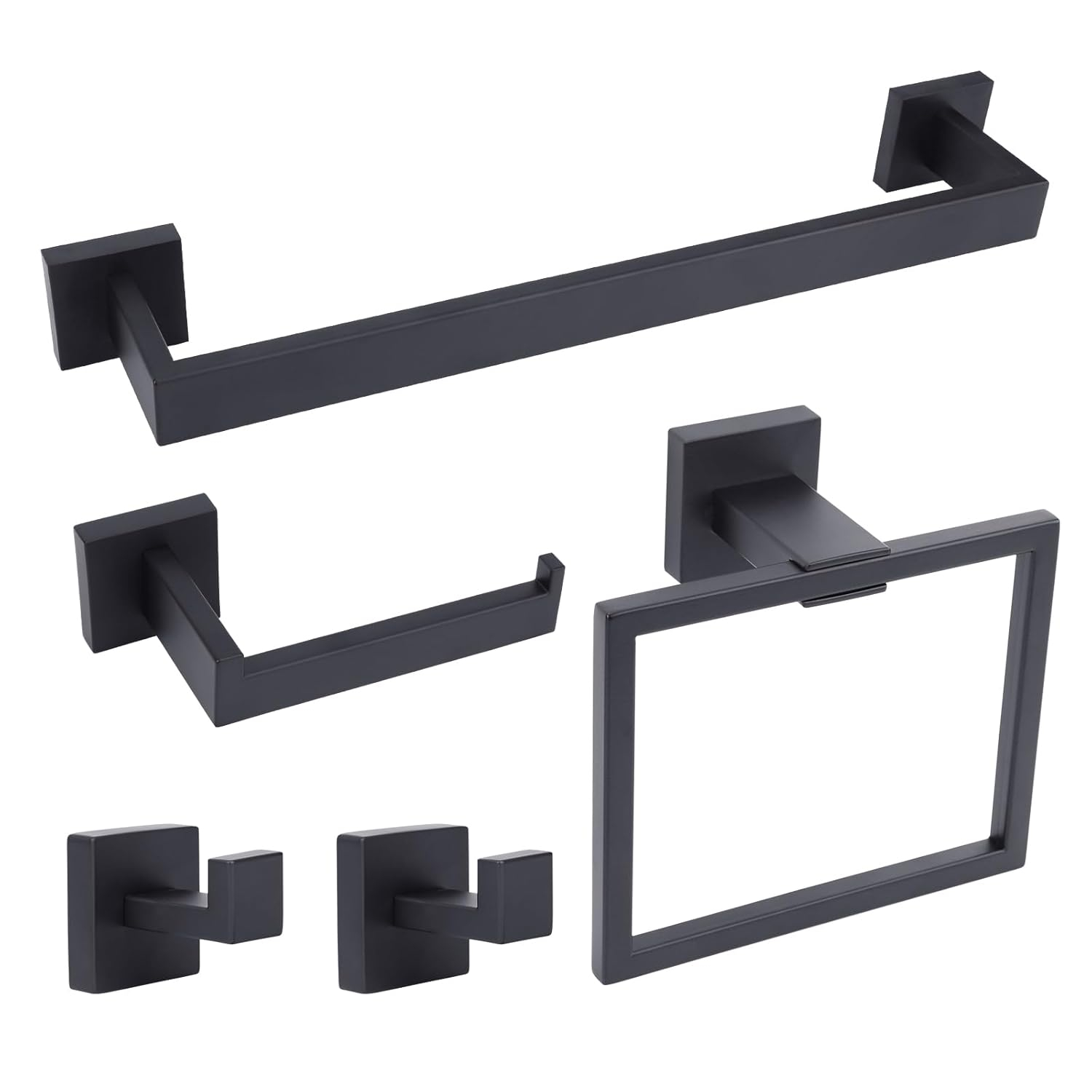 Stainless Steel Matte Black Bathroom Hardware Accessories - 5 Piece Set with 16 inch Square Towel Bar, Towel Rack & Holder