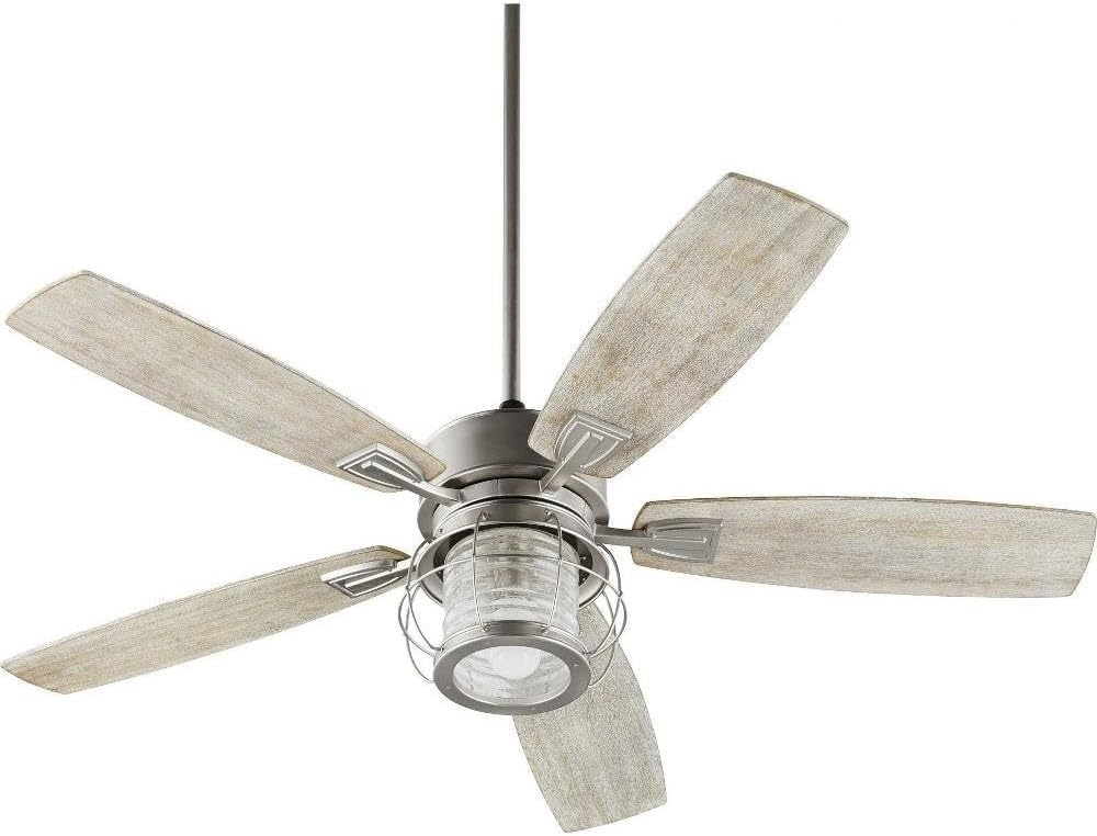 Quorum 3525-65 Protruding Mount, 5 Weathered Oak Blades Ceiling fan with 14 watts light, Satin Nickel