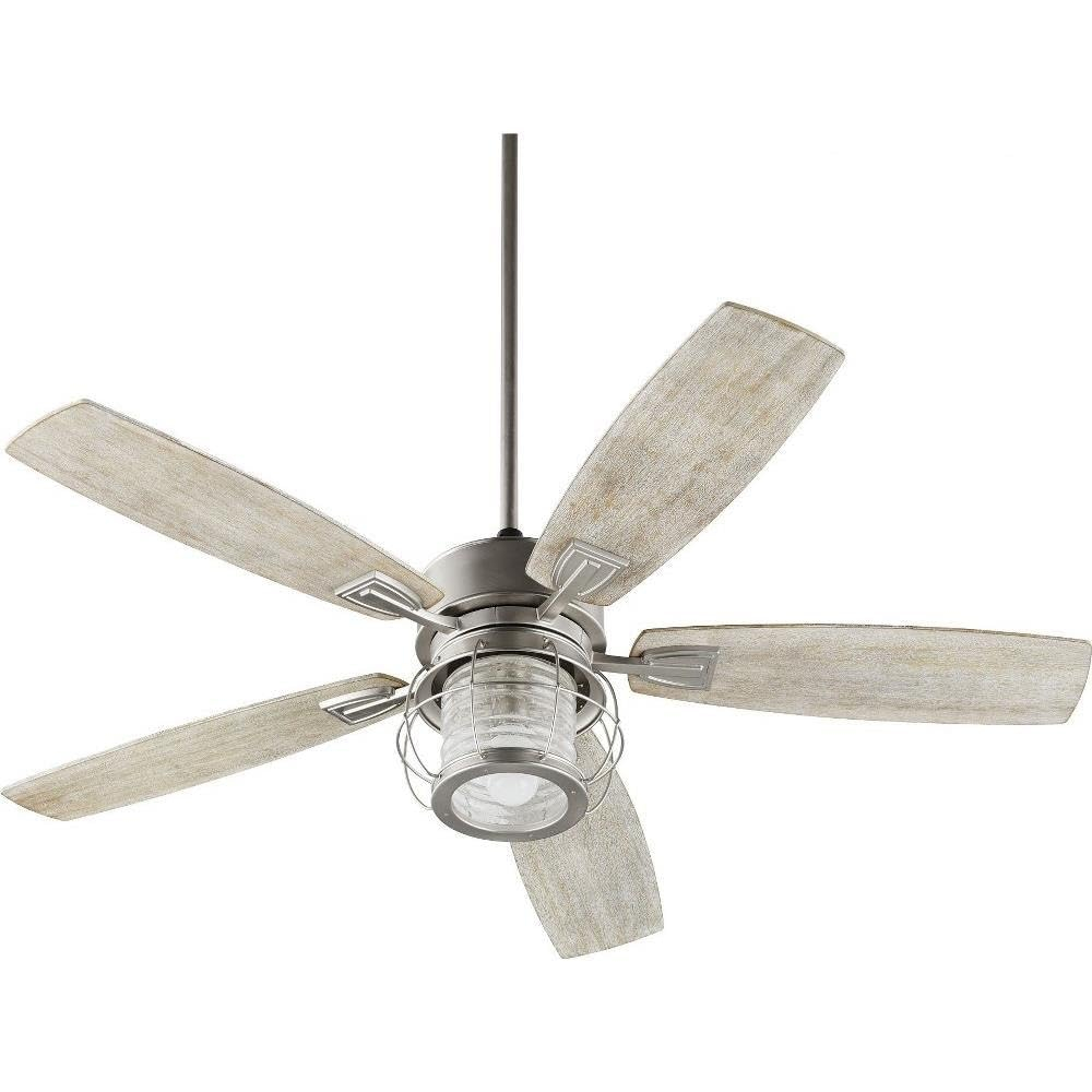Quorum 3525-65 Protruding Mount, 5 Weathered Oak Blades Ceiling fan with 14 watts light, Satin Nickel
