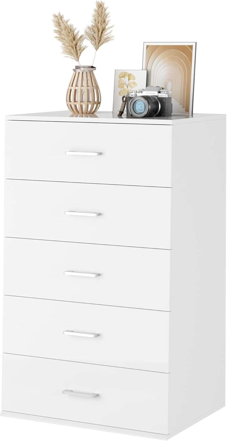 TTVIEW White Dresser, Chest of Drawers with Mental Handles, Tall White Dresser with 5 Drawers, Tall Dressers for Living Room, Kitchen, Entryway