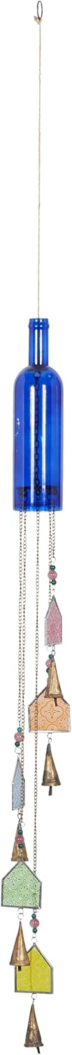 DecMode 41" Blue Glass Bottle Windchime with Beads and Cone Bells