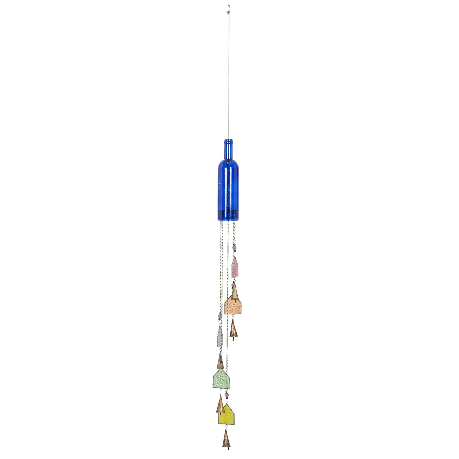 DecMode 41" Blue Glass Bottle Windchime with Beads and Cone Bells