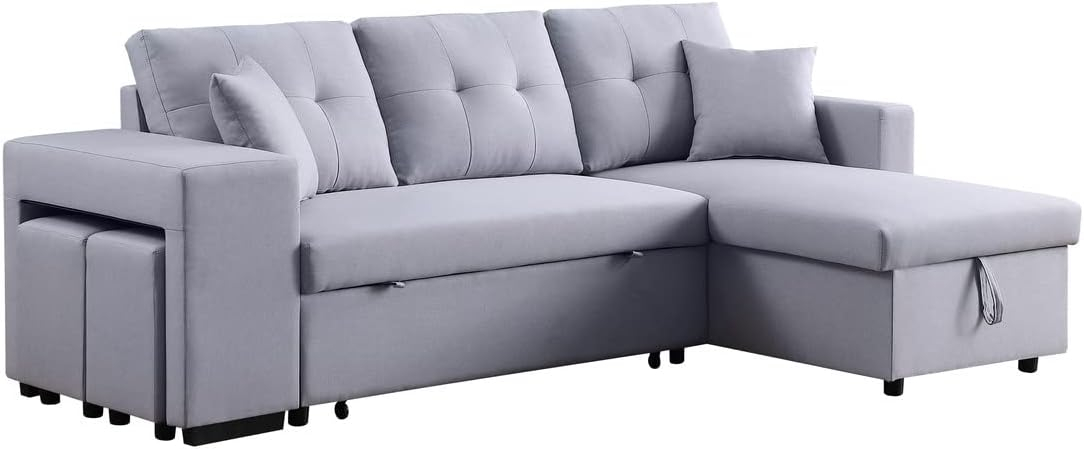 Lilola Home Linen Reversible Sleeper Sectional Sofa with Chaise Stools, Gray