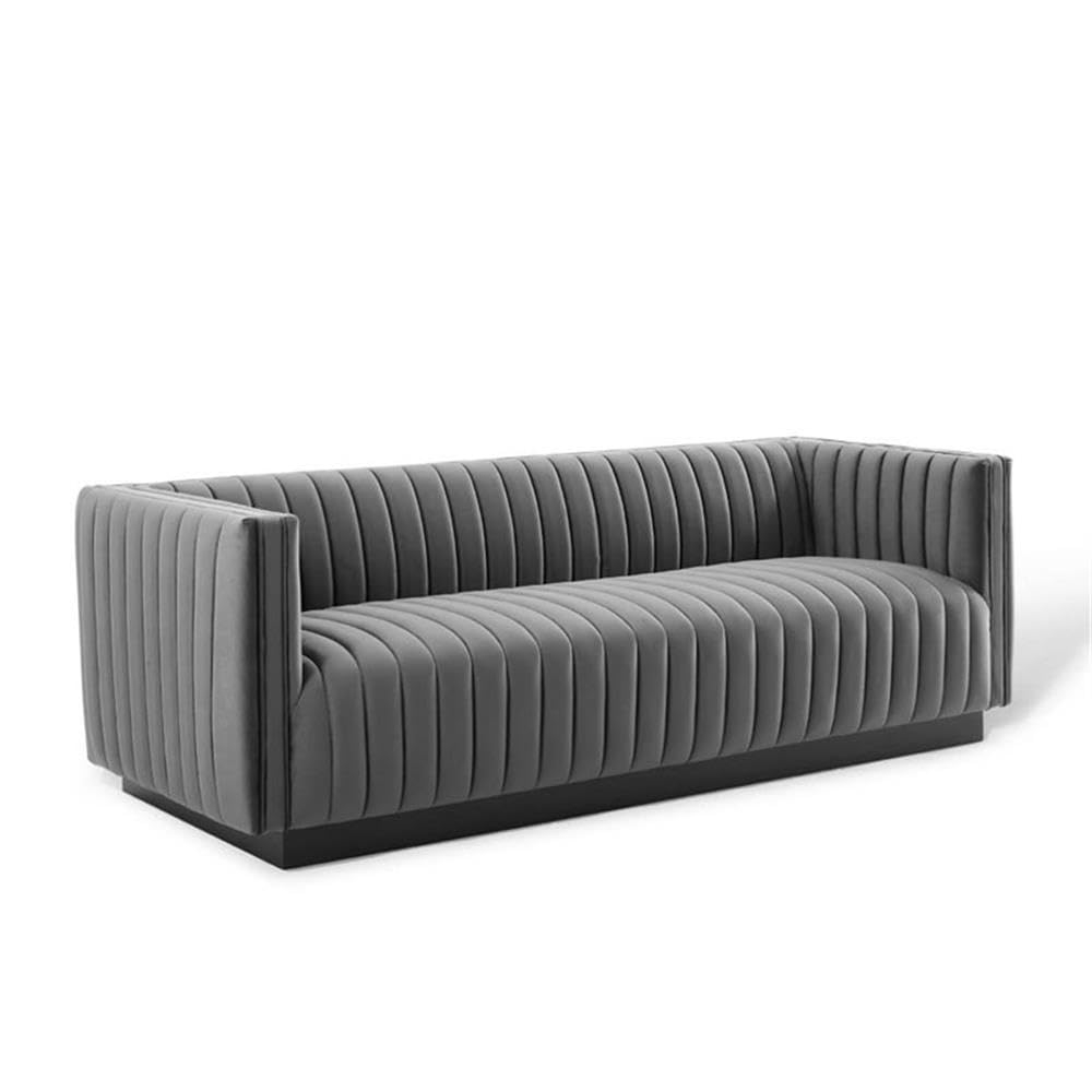 Gray Tufted Velvet Tuxedo Arm Sofa with Wood Base
