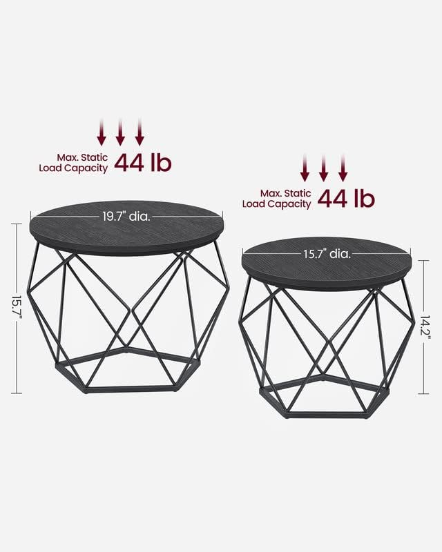 Small Coffee Table Set of 2, Round Coffee Table with Steel Frame, Side End Table for Living Room, Bedroom, Office, Charcoal Gray and Ink Black