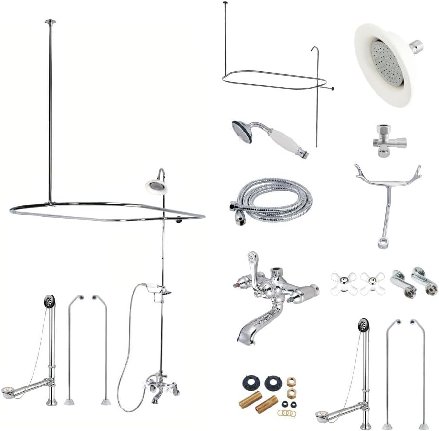 Kingston Brass Vintage Three-Handle 2-Hole Tub Wall Mount Clawfoot Tub Faucet Package with Shower Enclosure and Hand Shower