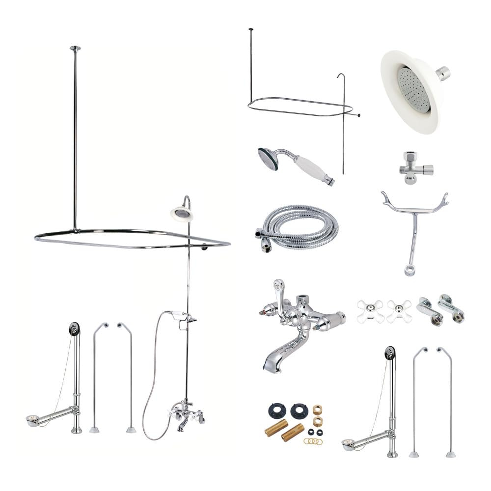 Kingston Brass Vintage Three-Handle 2-Hole Tub Wall Mount Clawfoot Tub Faucet Package with Shower Enclosure and Hand Shower