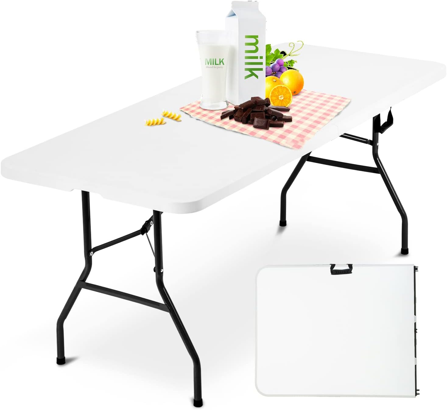 6 Foot Folding Table, Portable Plastic Dining Table, Fold-in-Half Heavy Duty Table Indoor Outdoor for Camping, Picnic, Party, BBQ, Wedding, White