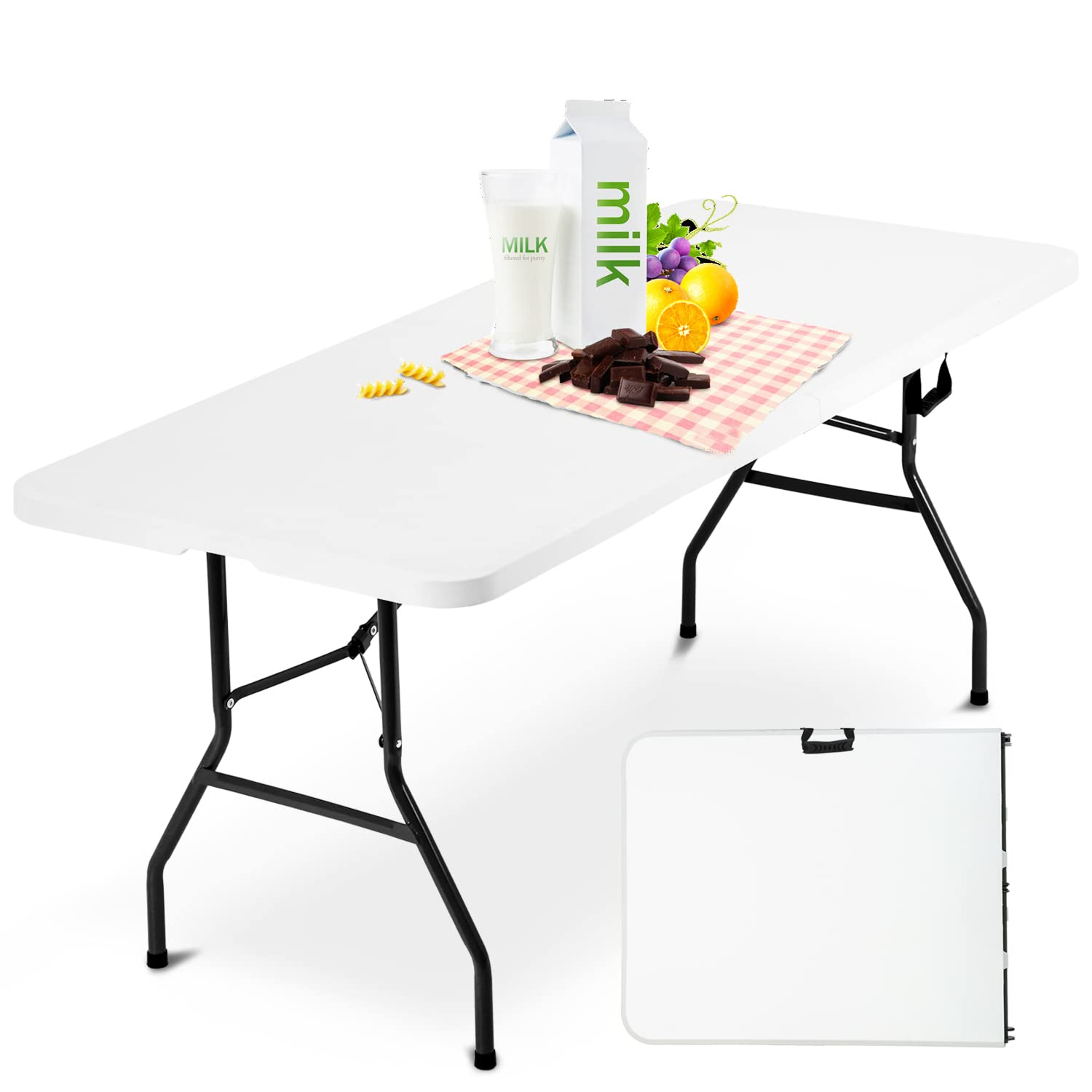 6 Foot Folding Table, Portable Plastic Dining Table, Fold-in-Half Heavy Duty Table Indoor Outdoor for Camping, Picnic, Party, BBQ, Wedding, White