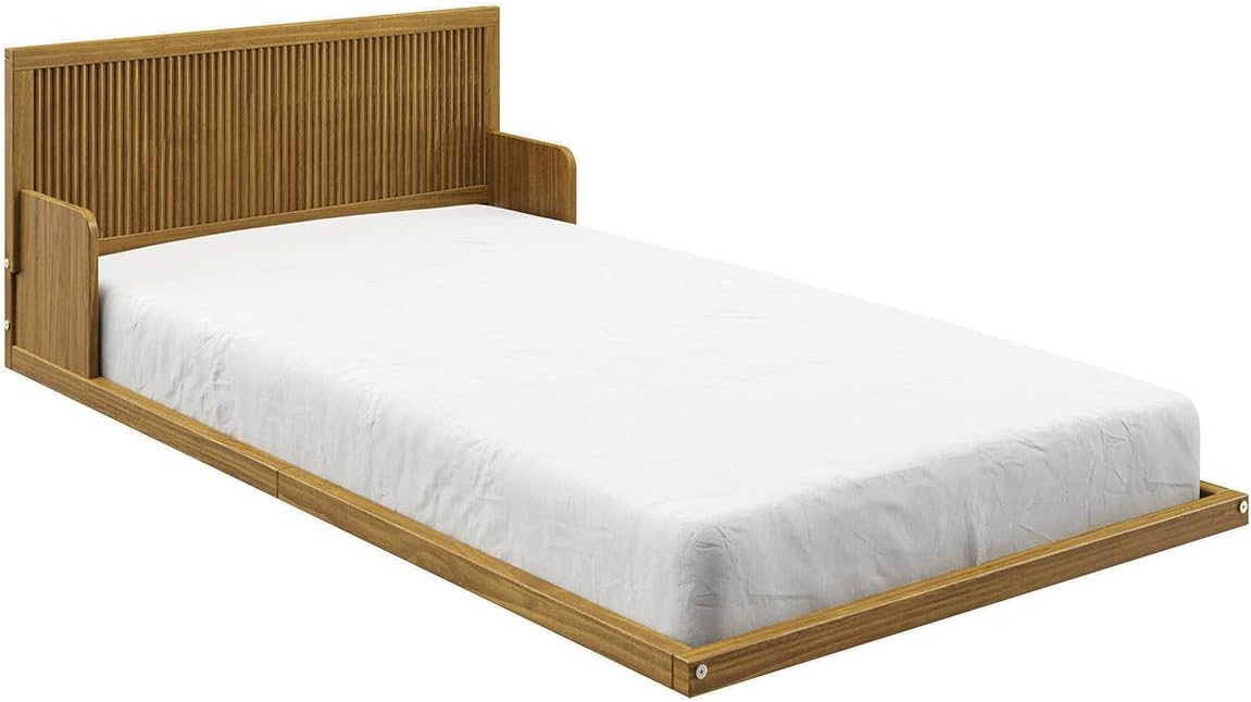 Natural Oak Twin Pine Wood Floor Bed with Headboard