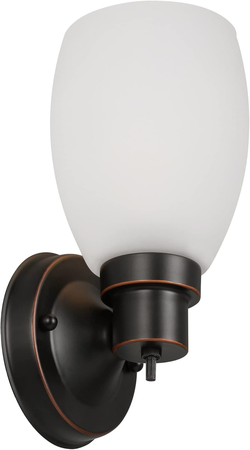 Design House 588814-Orb Lydia Transitional 1-Light Indoor Wall Light Dimmable with a White Frosted Glass Shade and Twist On/Off Switch for Hallway Foyer Bathroom, Oil Rubbed Bronze