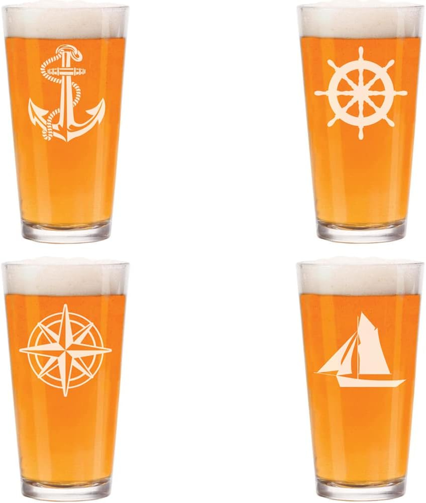 Set of 4 Glass 16 oz Beer Pint Anchor Boat Compass Nautical Collection