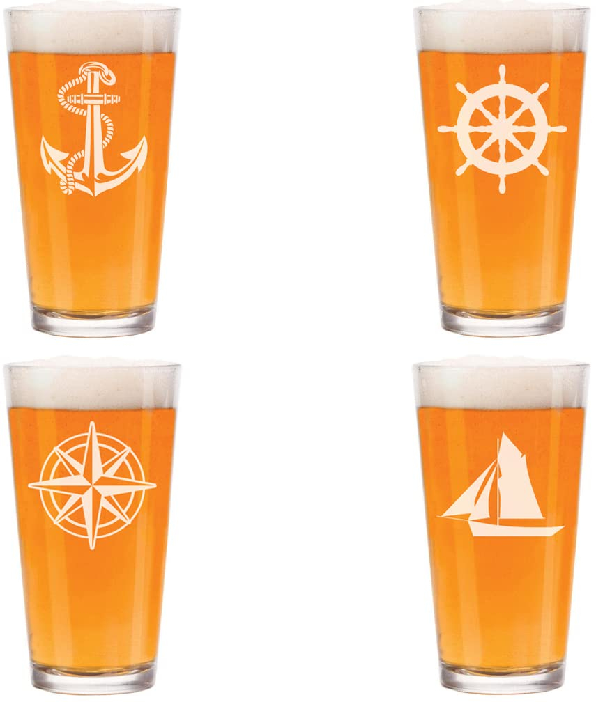 Set of 4 Glass 16 oz Beer Pint Anchor Boat Compass Nautical Collection