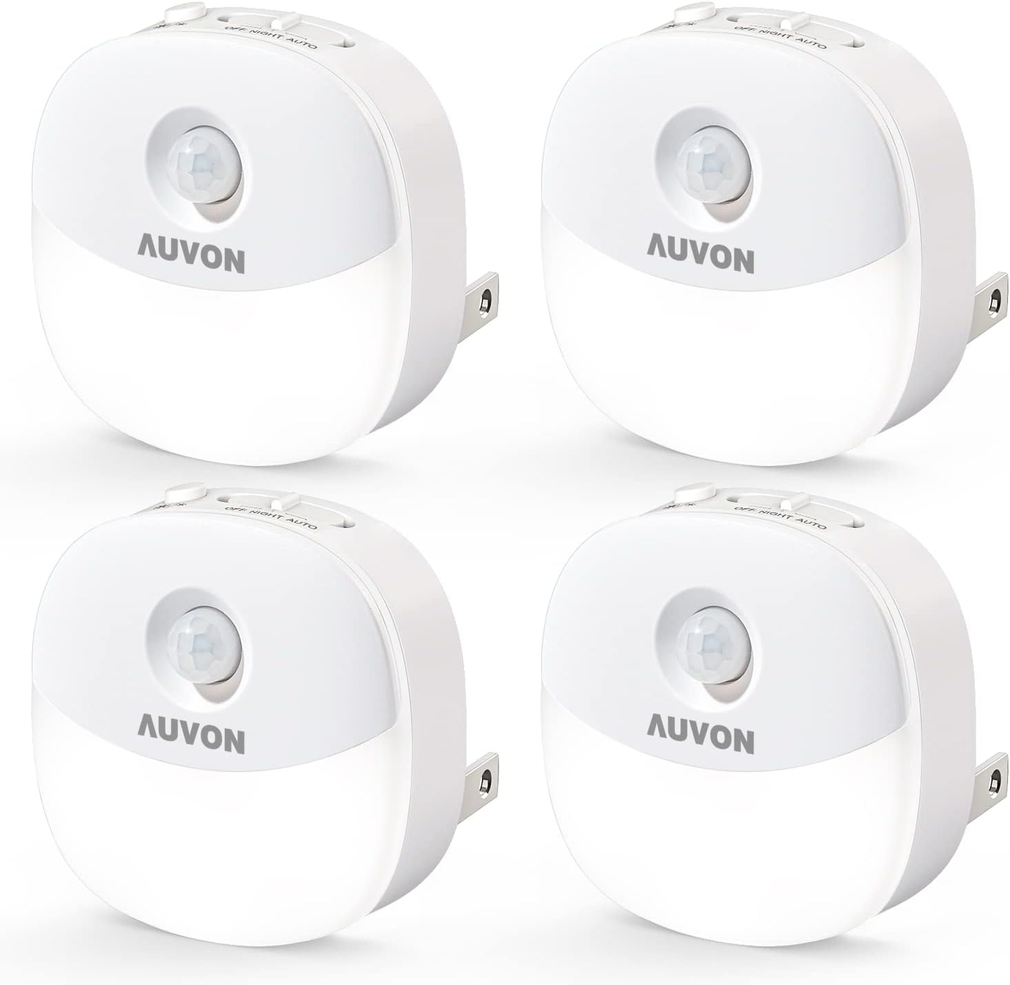 AUVON Plug in Night Light with Motion Sensor and Dusk to Dawn Sensor, Mini Warm White LED Nightlight with 1-50 lm Adjustable Brightness for Bathroom, Hallway, Stairs, Bedroom, Kitchen (4 Pack)