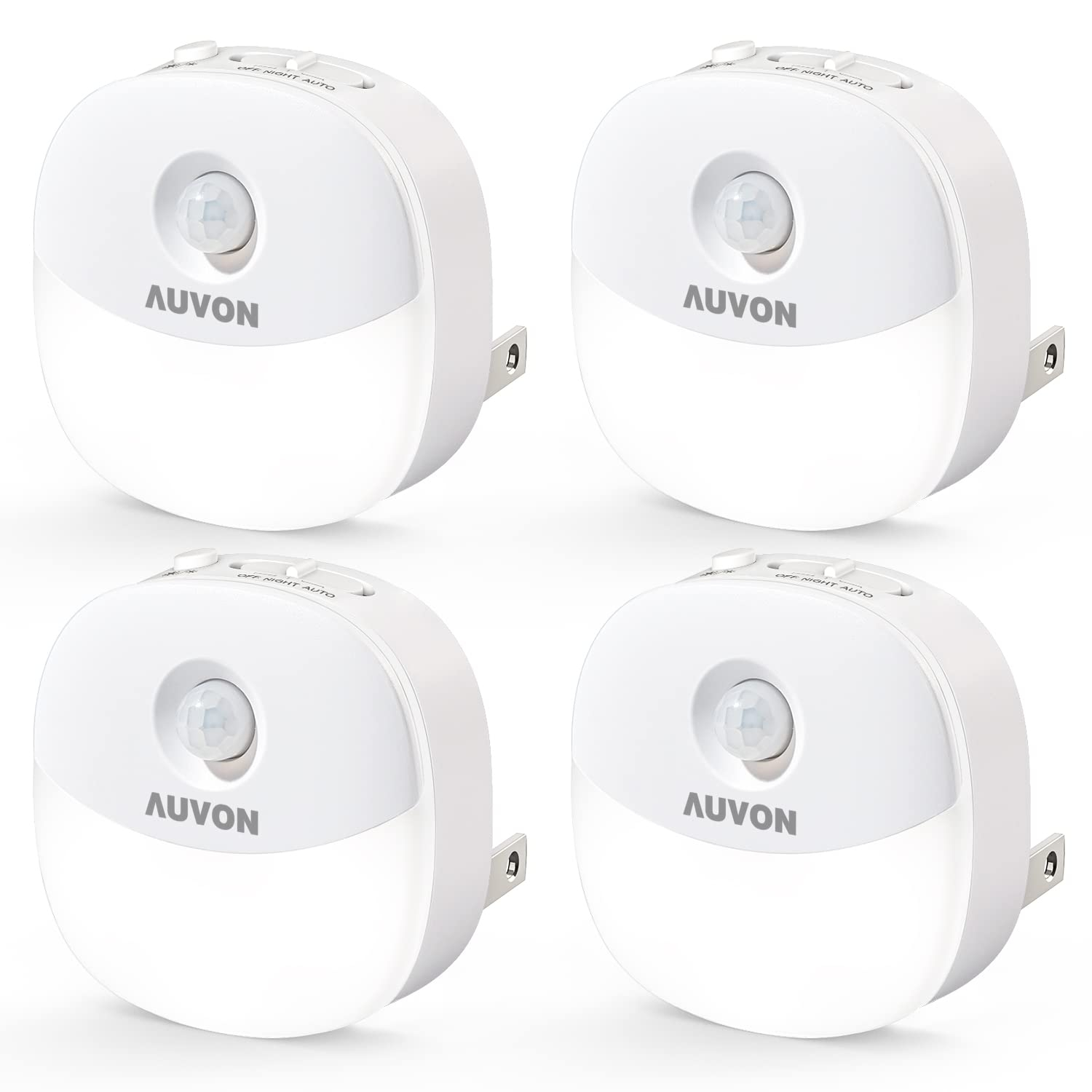 AUVON Plug in Night Light with Motion Sensor and Dusk to Dawn Sensor, Mini Warm White LED Nightlight with 1-50 lm Adjustable Brightness for Bathroom, Hallway, Stairs, Bedroom, Kitchen (4 Pack)