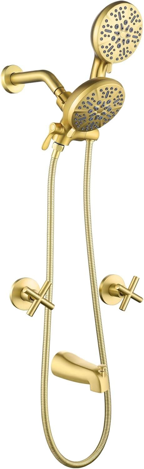 2 Handle Shower Faucet Shower System Complete 2 in 1 Shower Combo Set with Handheld Showerhead Shower Trim Kit Wall Mounted Shower Fixtures Brushed Gold