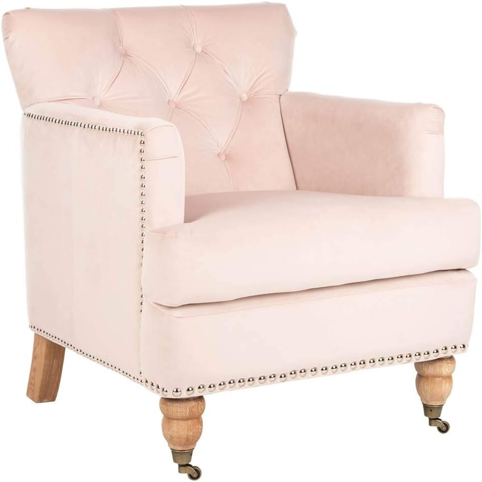 SAFAVIEH Colin Industrial Tufted Club Chair with Casters, Blush Pink/White Wash