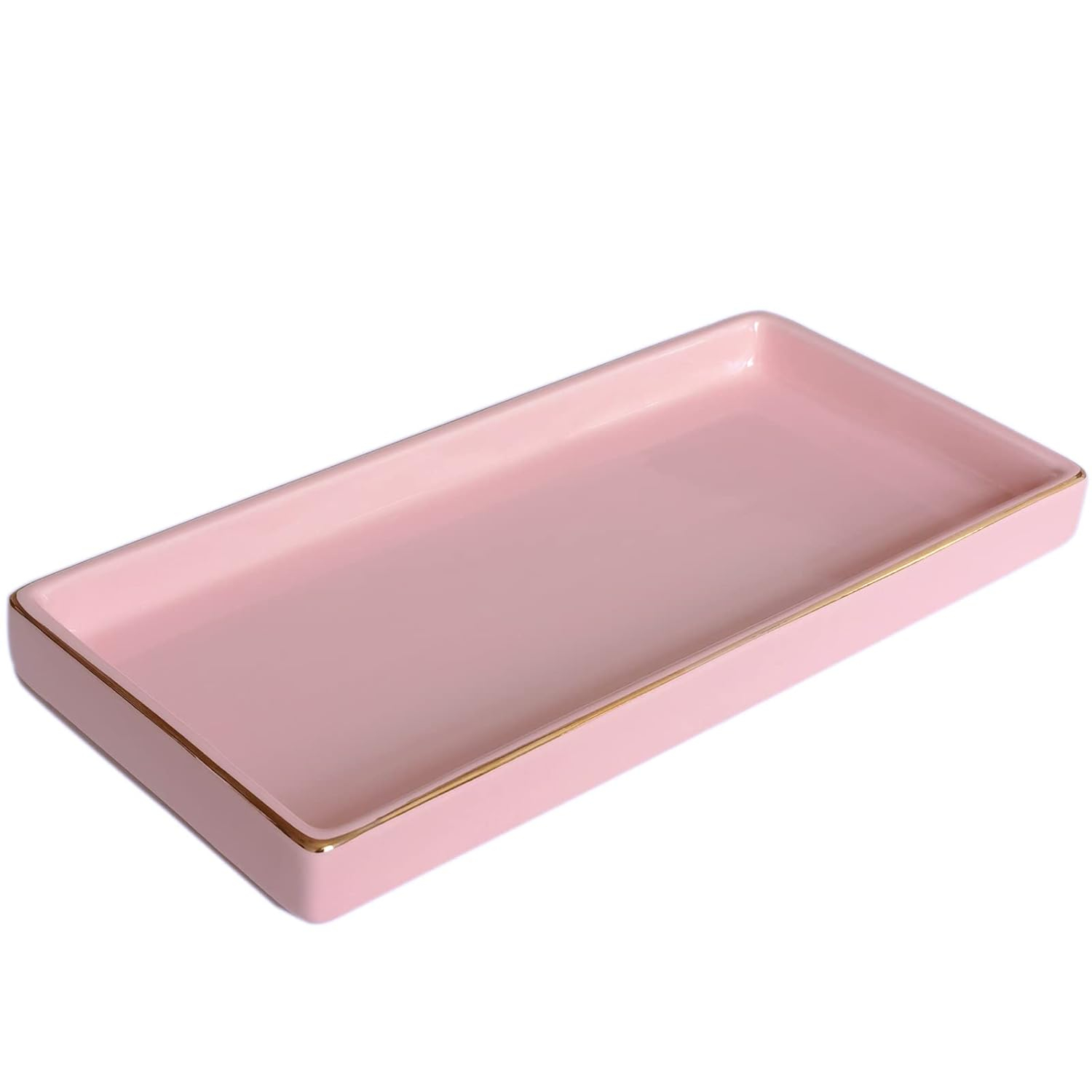 10 x 5 Ceramic Bathroom Tray for Countertop, Decorative Vanity Tray for Dresser Tops, Small Rectangular Trays for Perfume, Candle, Jewelry, Cosmetics (Pink)