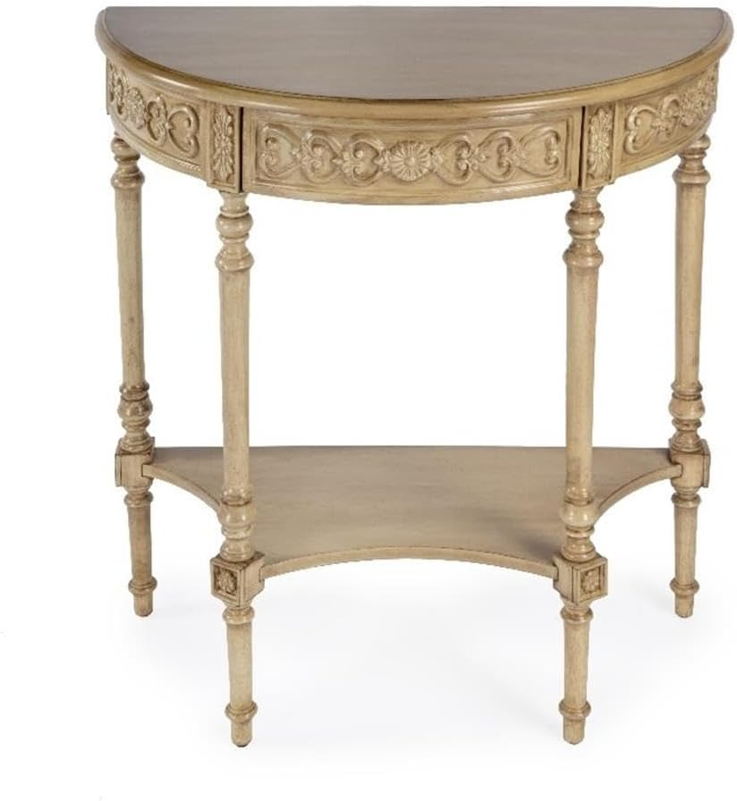 Antique Beige Wood Demilune Console Table with Storage