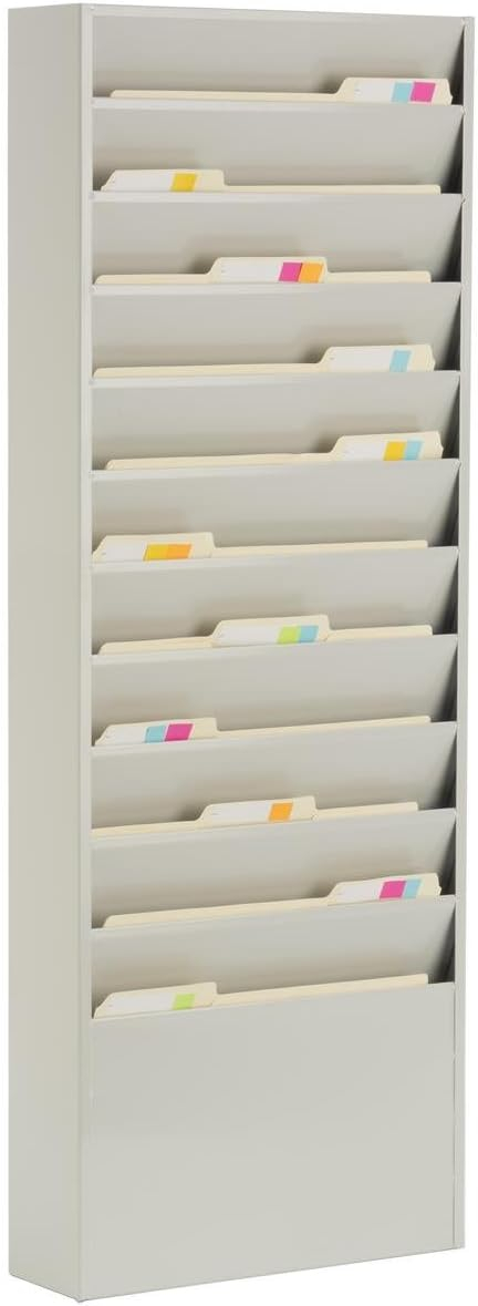 Office File Folder Wall Rack, 11 Tiered Pockets, Medical Chart Folders (Gray, Powder Coated Steel) (JMFF11PTY)