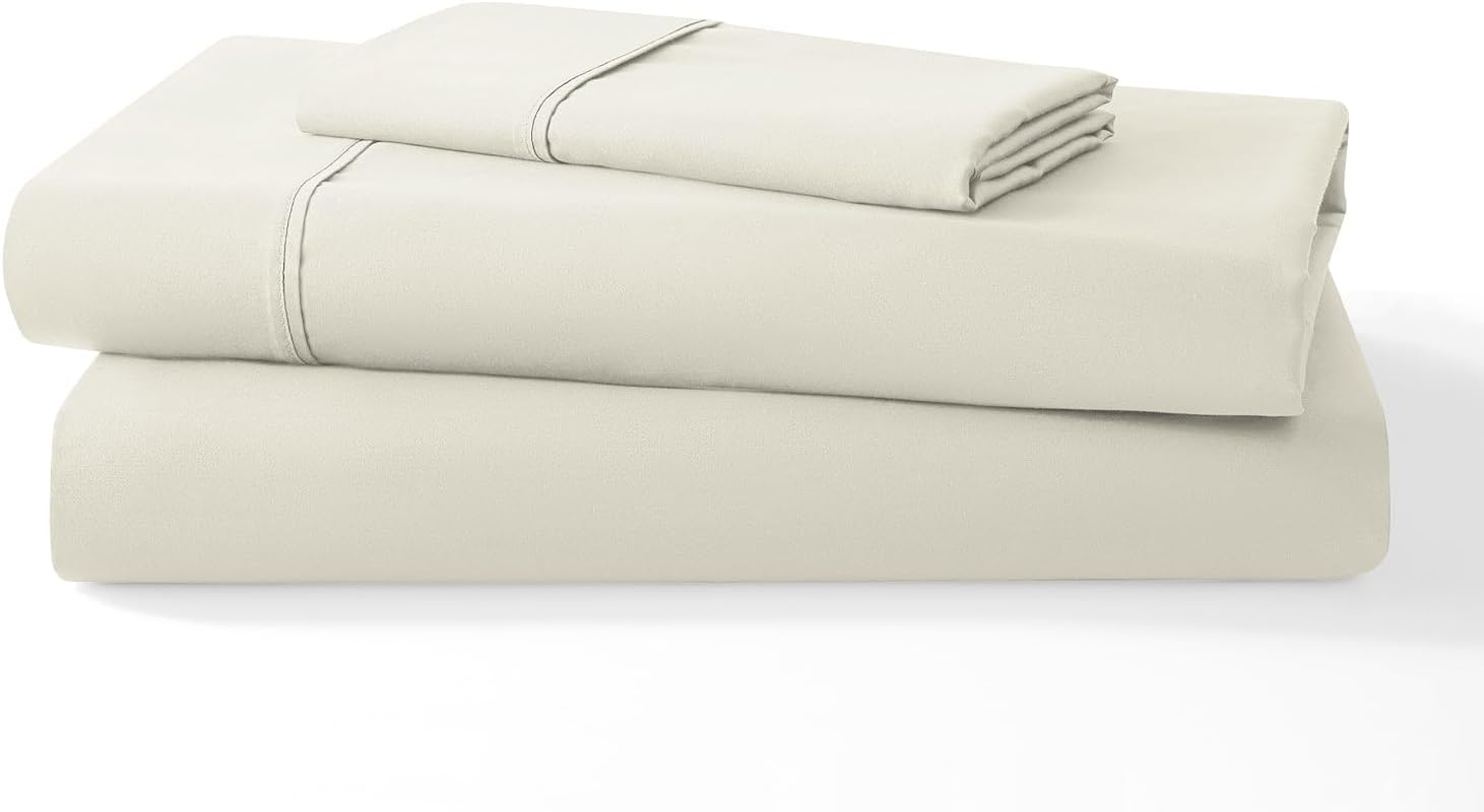 Mellanni 400 Thread Count Cotton Sateen Bedding Set - 3 Piece White Bed Sheets Set - Fits Mattresses up to 16" Deep - Cooling Sheet for Hot Sleepers (Twin, Ivory)