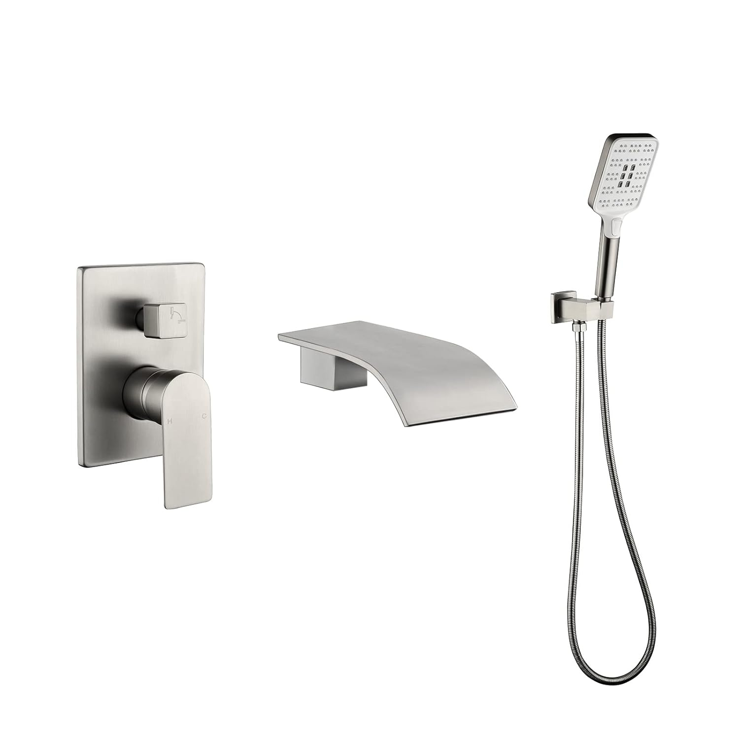 Tub Filler Faucet with Hand Shower Bath Tub Faucets with Rough-in Valve Trim Kit Wall Mounted Waterfall Bathtub Faucets Brushed Nickel