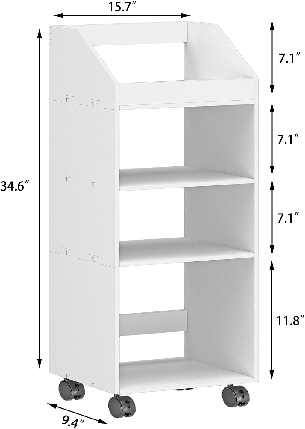 4-Tier Mobile Bookshelf, White Bookcase with Wheels, Rolling File Holder Desk File Book Organizer for Home Office Living Room School