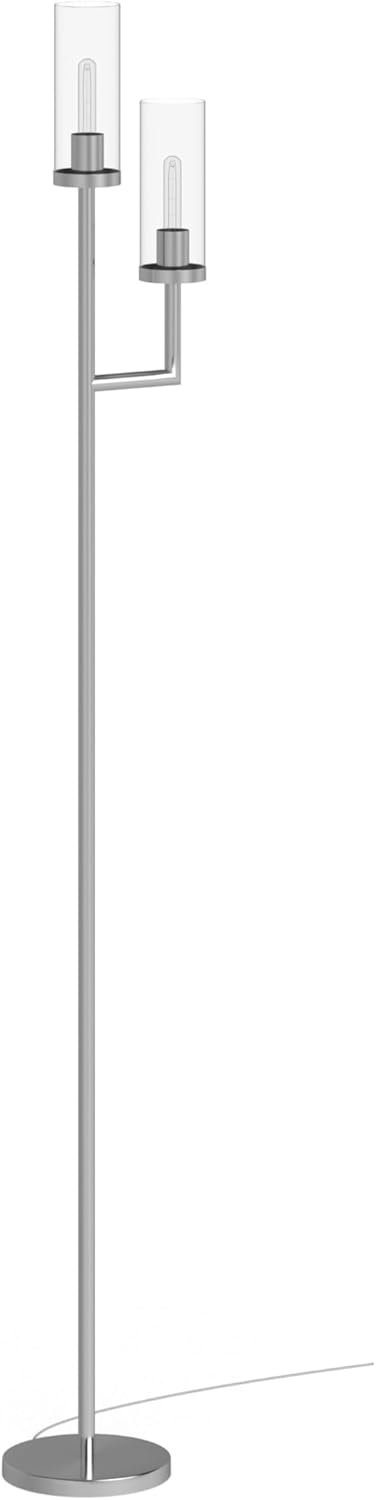 Evelyn&Zoe Basso 2-Light Torchiere Floor Lamp with Glass Shade in Polished Nickel/Clear