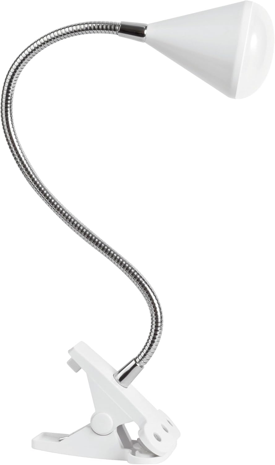 OttLite LED Cone Clip Lamp | Task Lamp, Desk Lamp | Sturdy Clip, Flexible Neck |  White and Silver