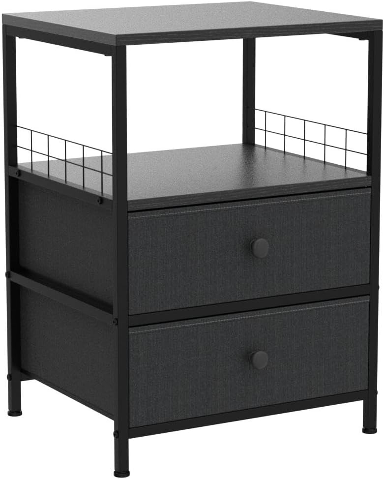 Black and Gray Metal Frame Nightstands with Fabric Drawers