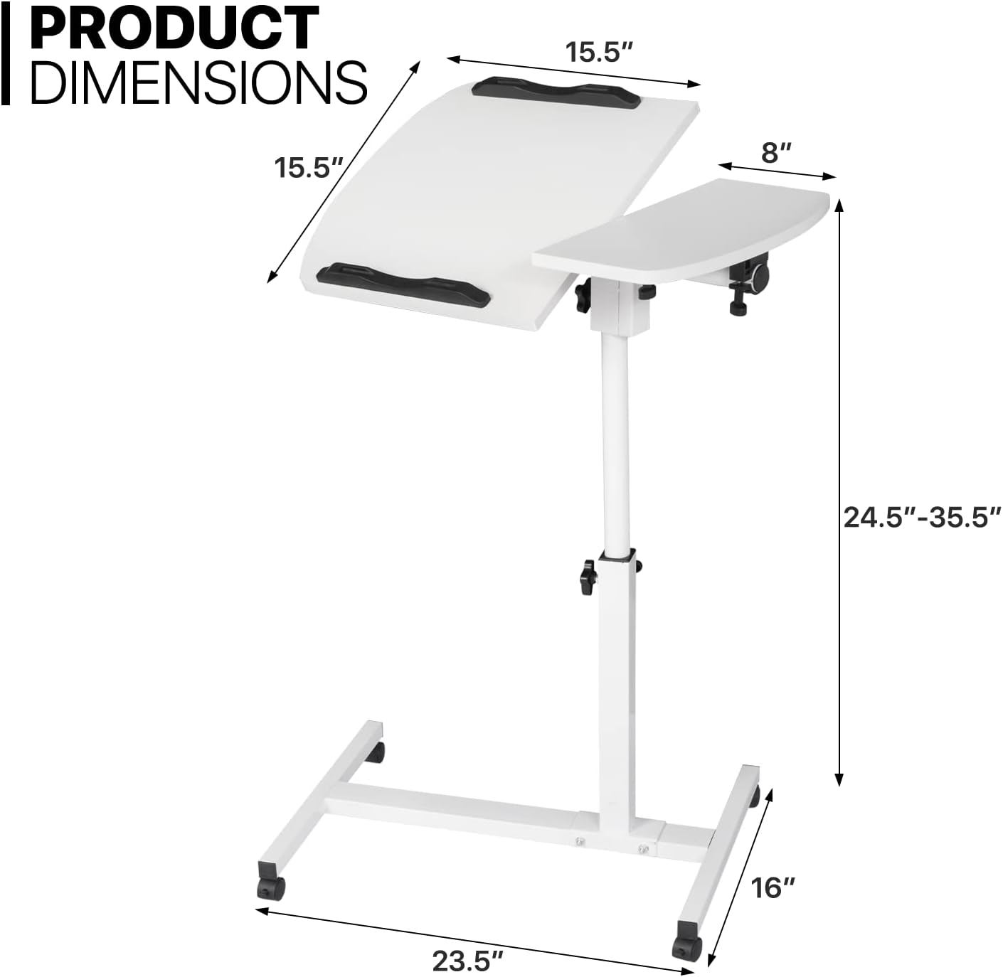 MoNiBloom Mobile Laptop Desk Standing Desk with Wheels & Tilting Tabletop, Height Adjustable Sit Stand Computer Workstation, White