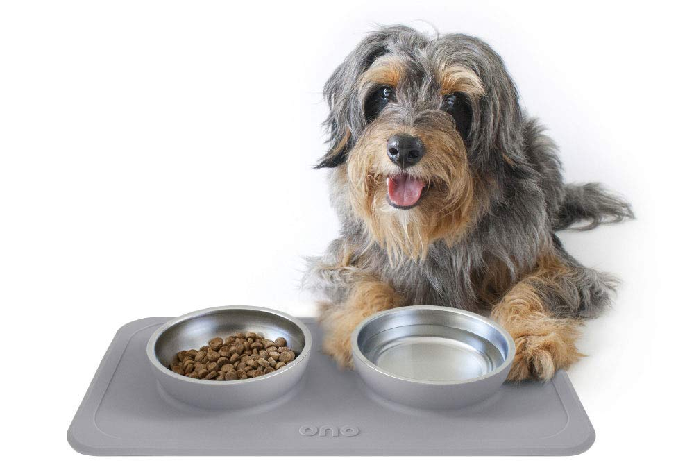 Ono Good Bowl Food & Water Double Feeder - Small to Medium Pets No Spill Non Skid Silicone Mat & Stainless Steel Bowl for Dogs or Cats (Charcoal)