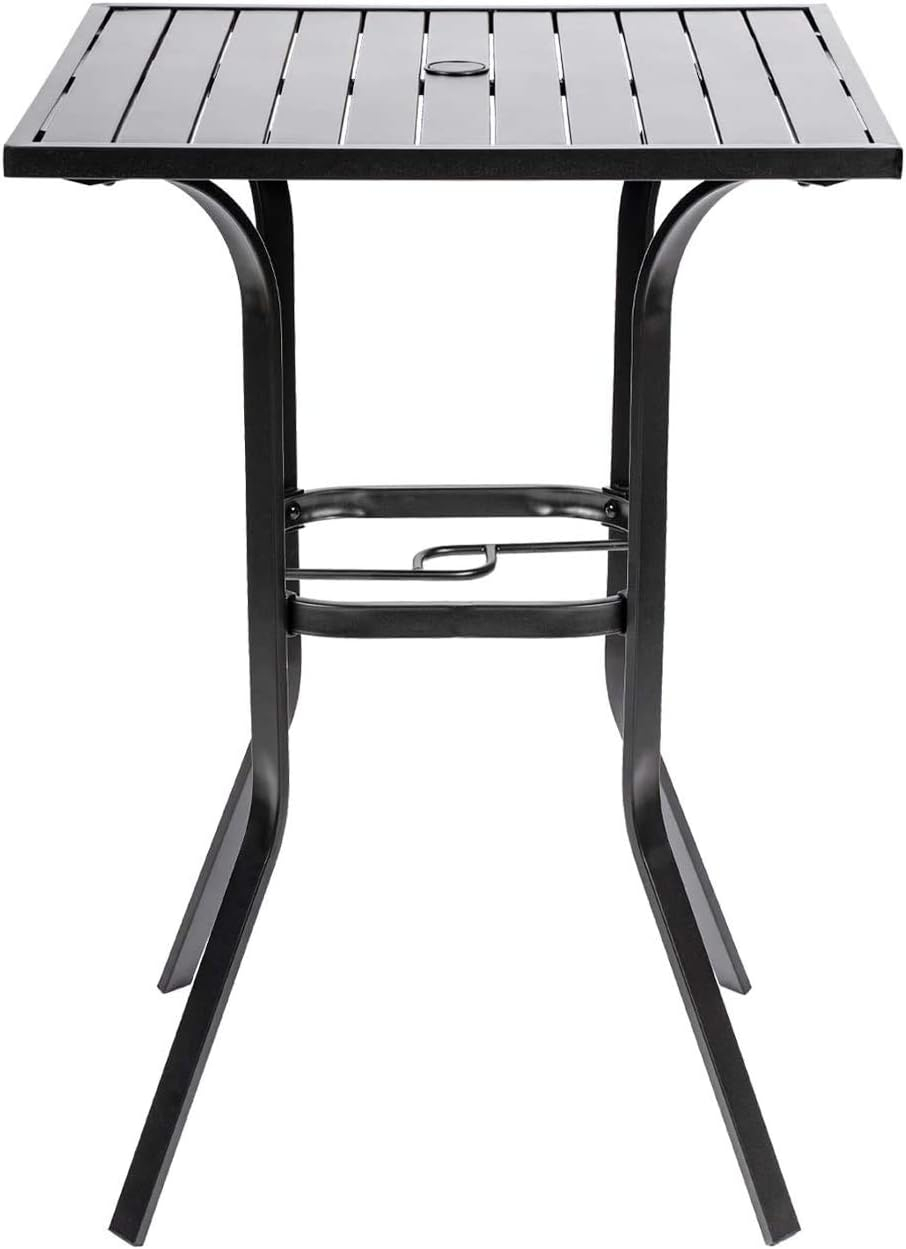 Patio Height Bar Table, Outdoor Bistro Square High Top Dining Table with 1.57'' Umbrella Hole & Steel Slat Table Top (Black)